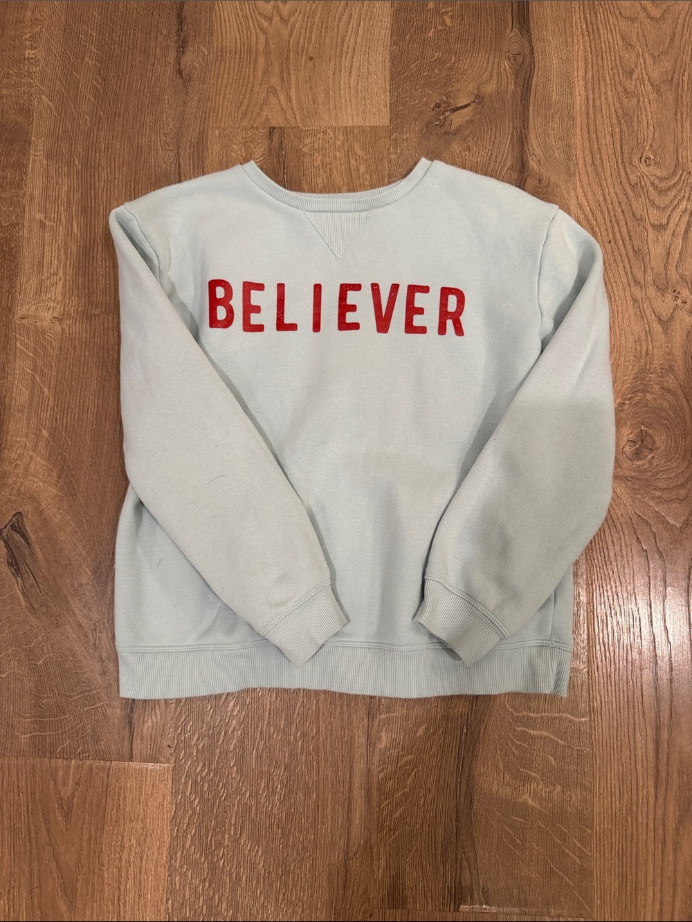 BELIEVER Light Blue Kids Sweatshirt with Red Lettering